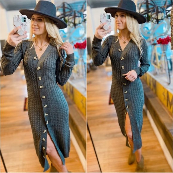 CATCH ME LATER CHUNKY SWEATER MAXI DRESS-GRAY - Picture 2 of 5